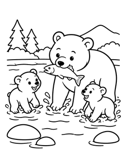 Free printable Bear Family Fishing In River coloring page