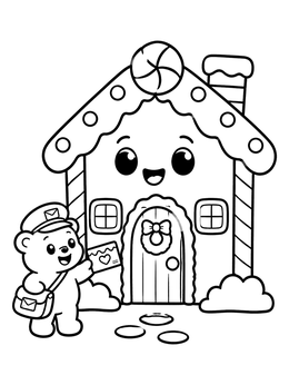 A cute bear mail carrier brings a letter to a gingerbread house coloring page.