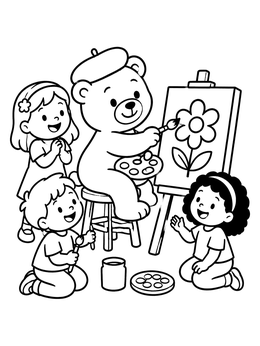 Free printable Bear Painter With Happy Children coloring page