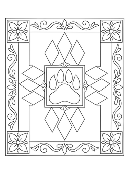A decorative bear paw quilt coloring page with diamonds and floral borders.