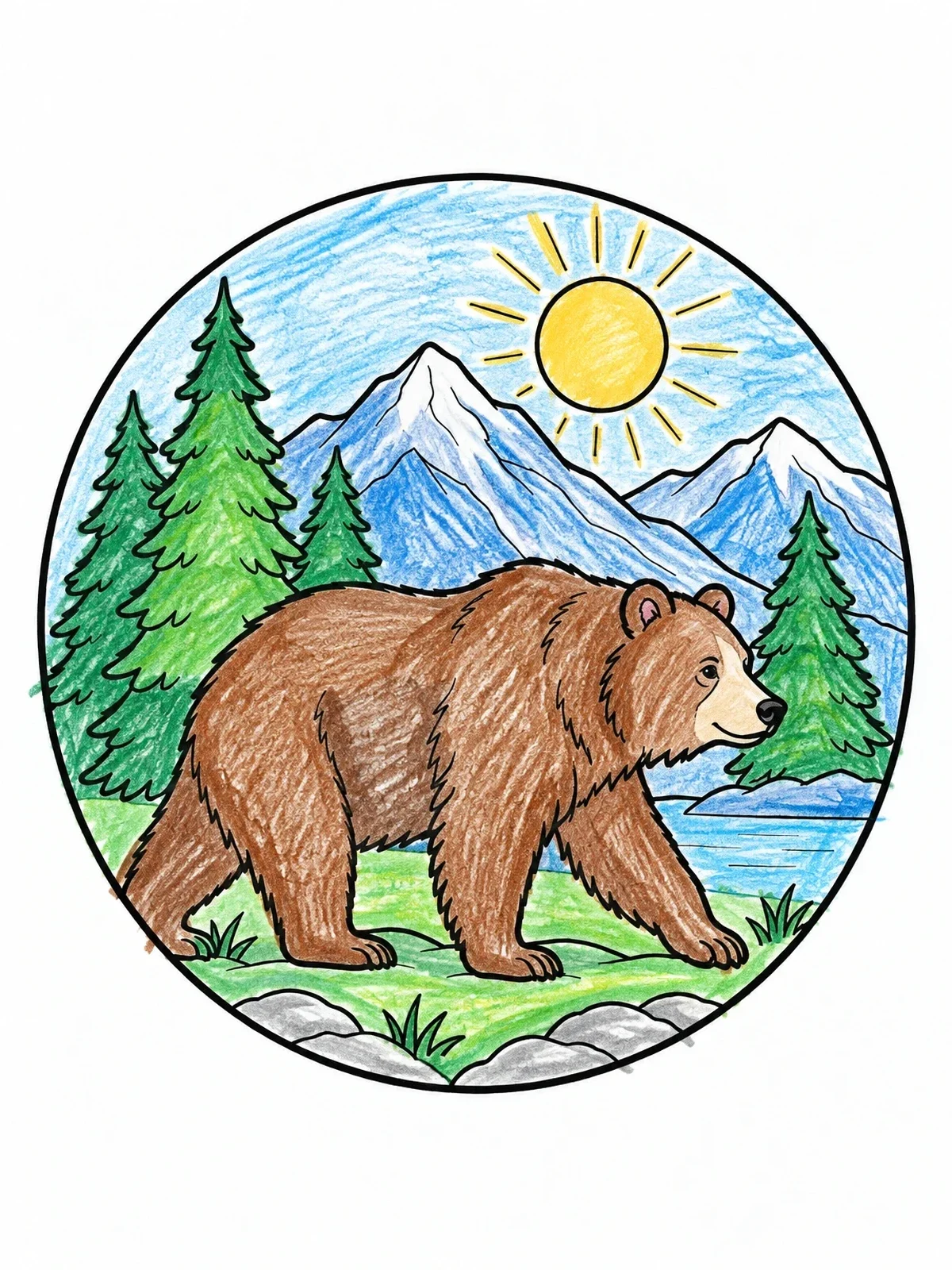 Colored example of the Bear Walking In Mountain Wilderness coloring page