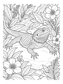 A detailed bearded dragon coloring page resting on a stone surrounded by lush foliage.