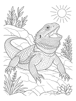 A detailed bearded dragon coloring page showing the lizard gaping in the bright sun.