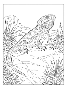 A detailed bearded dragon coloring page resting on a sunlit rock.
