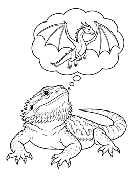A cute bearded dragon coloring page dreaming of a flying winged fantasy dragon.