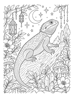 A detailed bearded dragon coloring page perched on driftwood surrounded by crystals, lanterns, and stars.