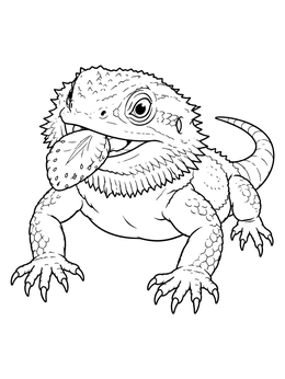 A detailed bearded dragon coloring page featuring a lizard eating a strawberry slice.