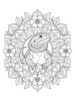 A detailed bearded dragon coloring page framed by an ornate floral mandala.