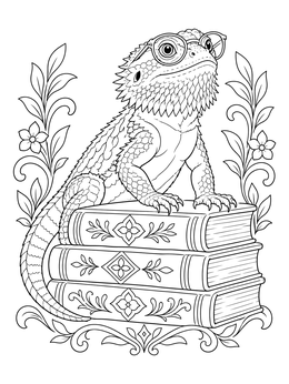 A smart bearded dragon coloring page featuring a lizard in glasses perched on books.