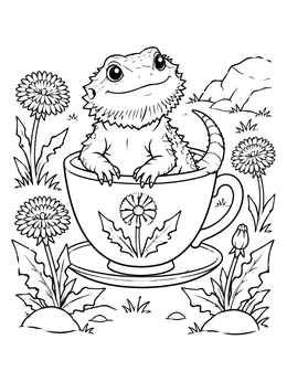 A cute bearded dragon coloring page sitting inside a teacup with dandelions around.