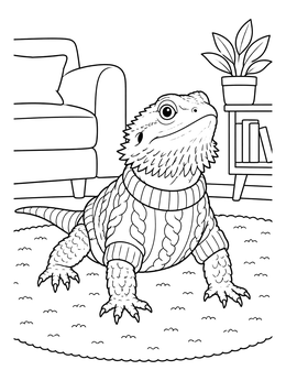 A cute bearded dragon coloring page wearing a warm cable knit sweater on a rug.