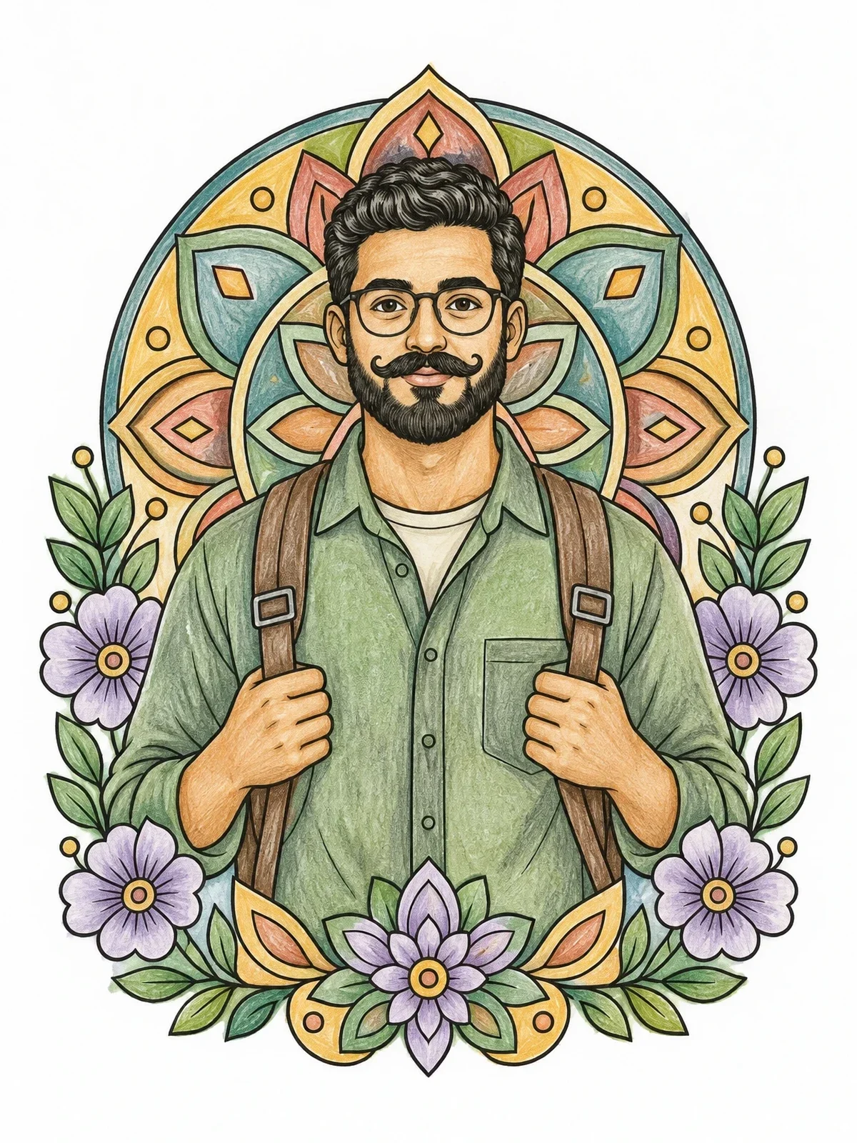 Colored example of the Bearded Hipster With Floral Mandala coloring page