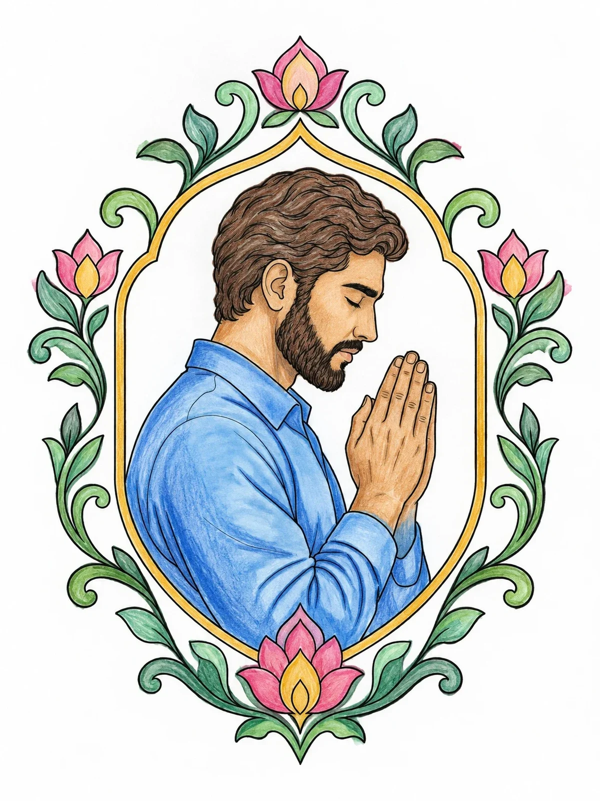 Colored example of the Bearded Man Praying In Floral Frame coloring page