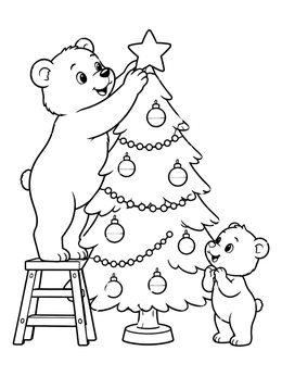 A cute christmas bear coloring page featuring a bear placing a star topper while a cub watches.