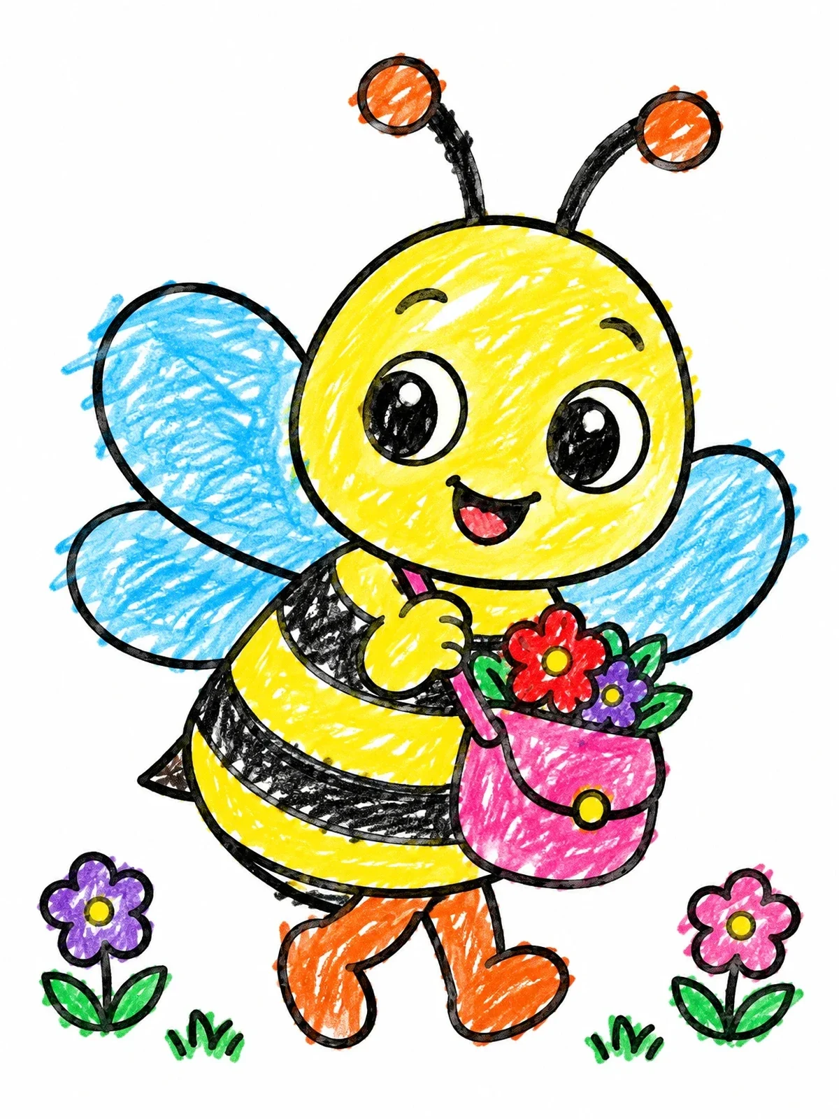 Colored example of the Cheerful Bee Carrying Flower Satchel coloring page