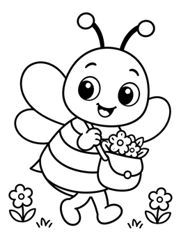 Free printable Cheerful Bee Carrying Flower Satchel coloring page