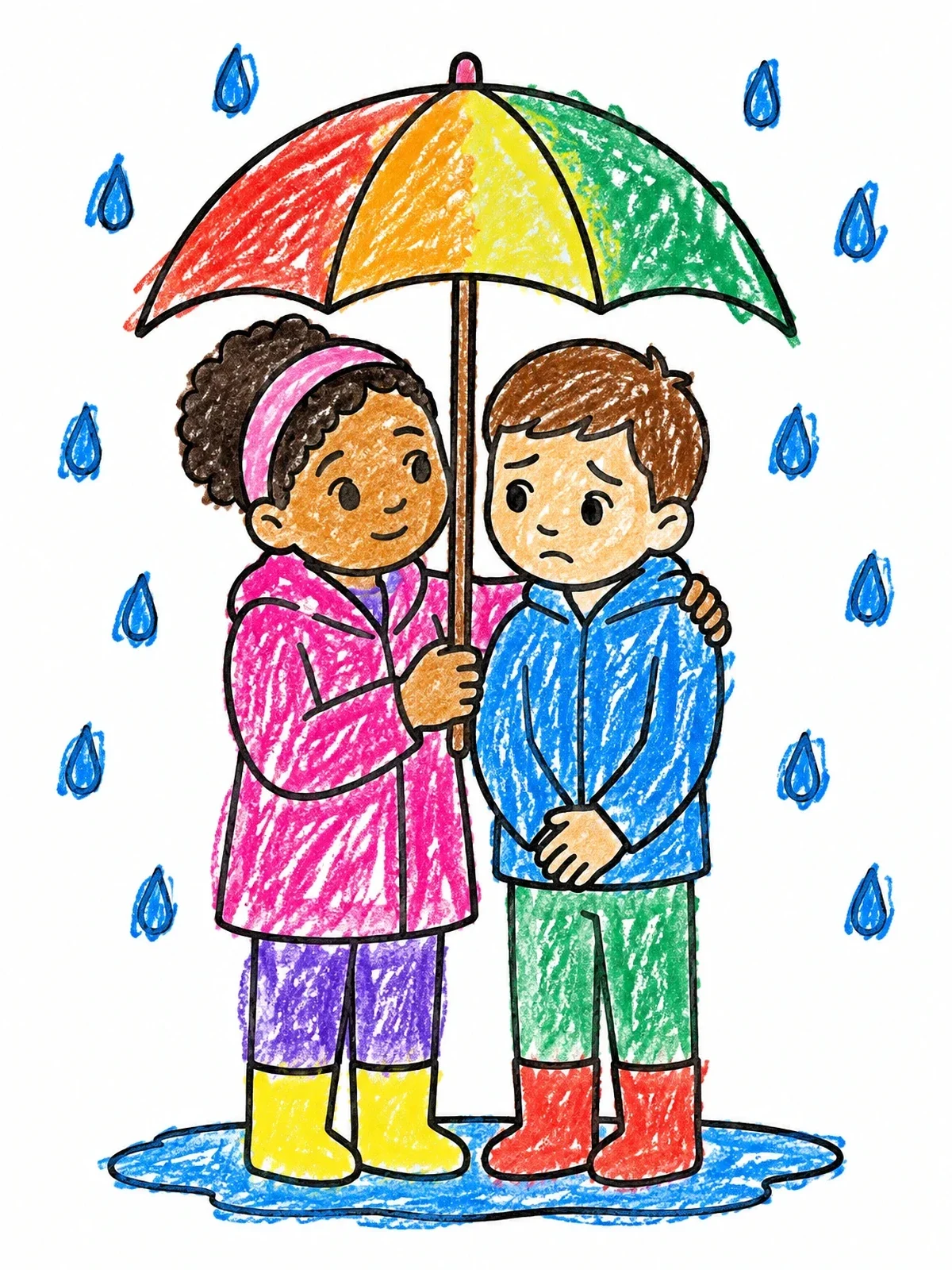 Colored example of the Children Sharing An Umbrella In The Rain coloring page
