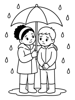 Free printable Children Sharing An Umbrella In The Rain coloring page