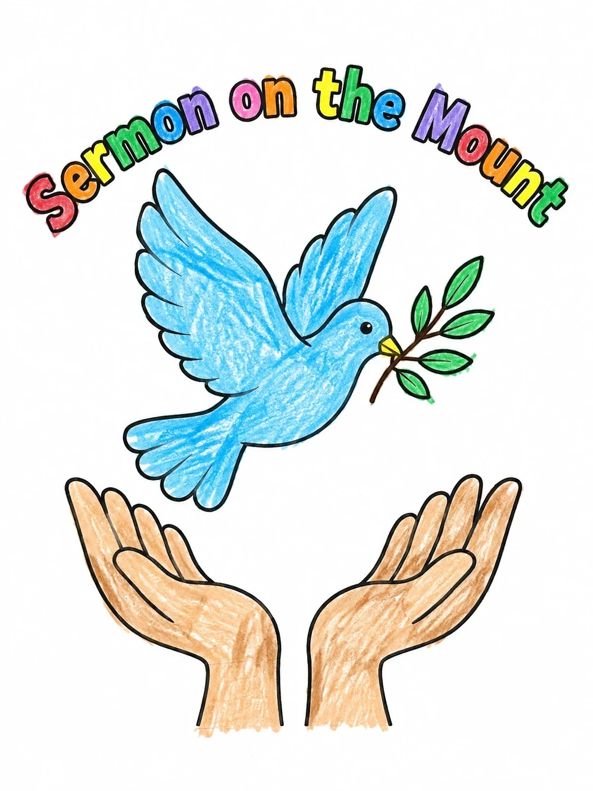 Colored example of the Dove Of Peace Above Open Hands coloring page