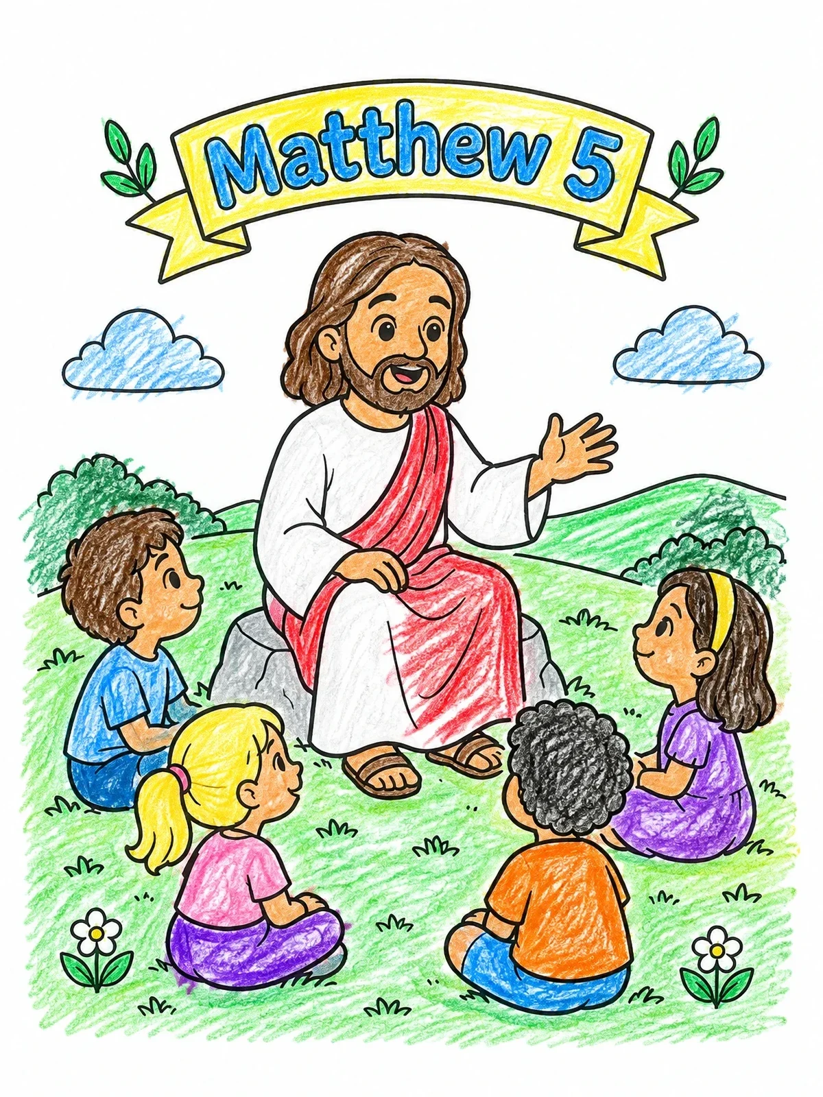 Colored example of the Jesus Teaching Children On A Hill coloring page