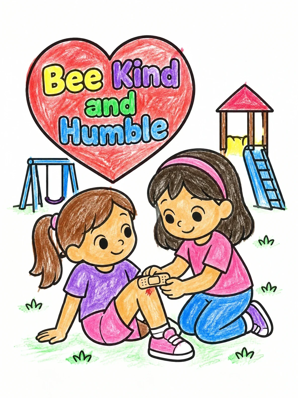 Colored example of the Kind Girl Helping A Friend coloring page