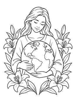 Gentle woman holding planet Earth framed by blooming lilies in this beatitudes coloring page.