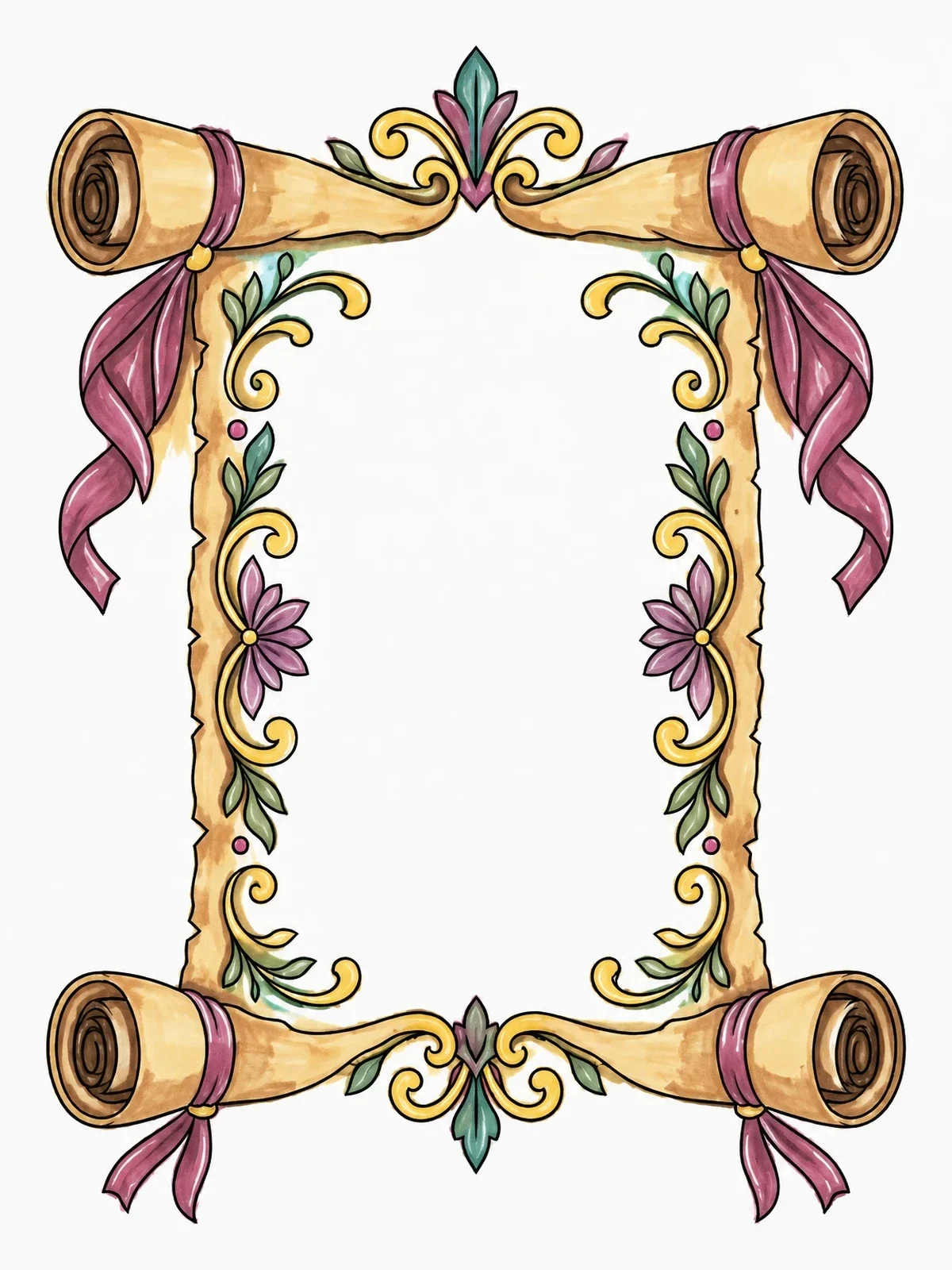 Colored example of the Ornate Parchment Scroll Frame coloring page