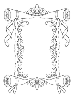 An ornate parchment scroll frame with ribbons and floral flourishes in this beatitudes coloring page.