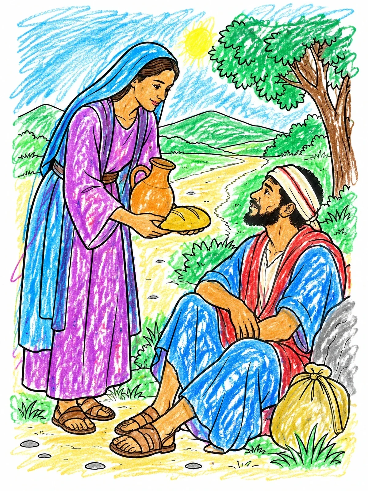 Colored example of the Sharing Bread And Water With A Traveler coloring page