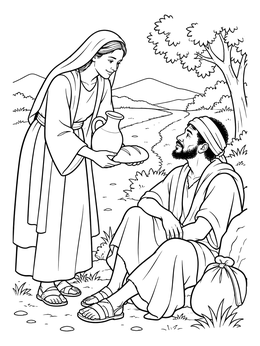 A kind woman sharing bread and water with a resting traveler in this beatitudes coloring page.