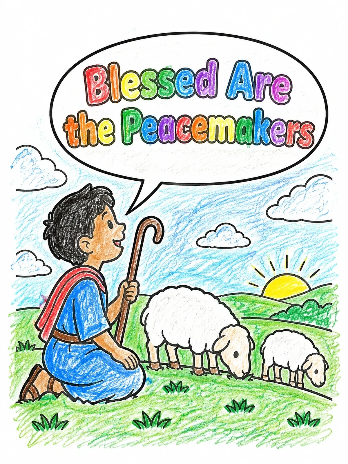 Colored example of the Shepherd Boy And The Peacemakers coloring page