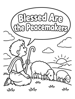 A peaceful shepherd boy with sheep on a hill in this beatitudes coloring page.