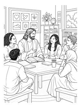A peaceful beatitudes coloring page showing Jesus teaching a group of students around a classroom table.