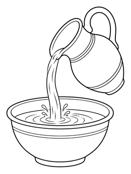 A peaceful beatitudes coloring page featuring a ceramic pitcher pouring water into a wide bowl.