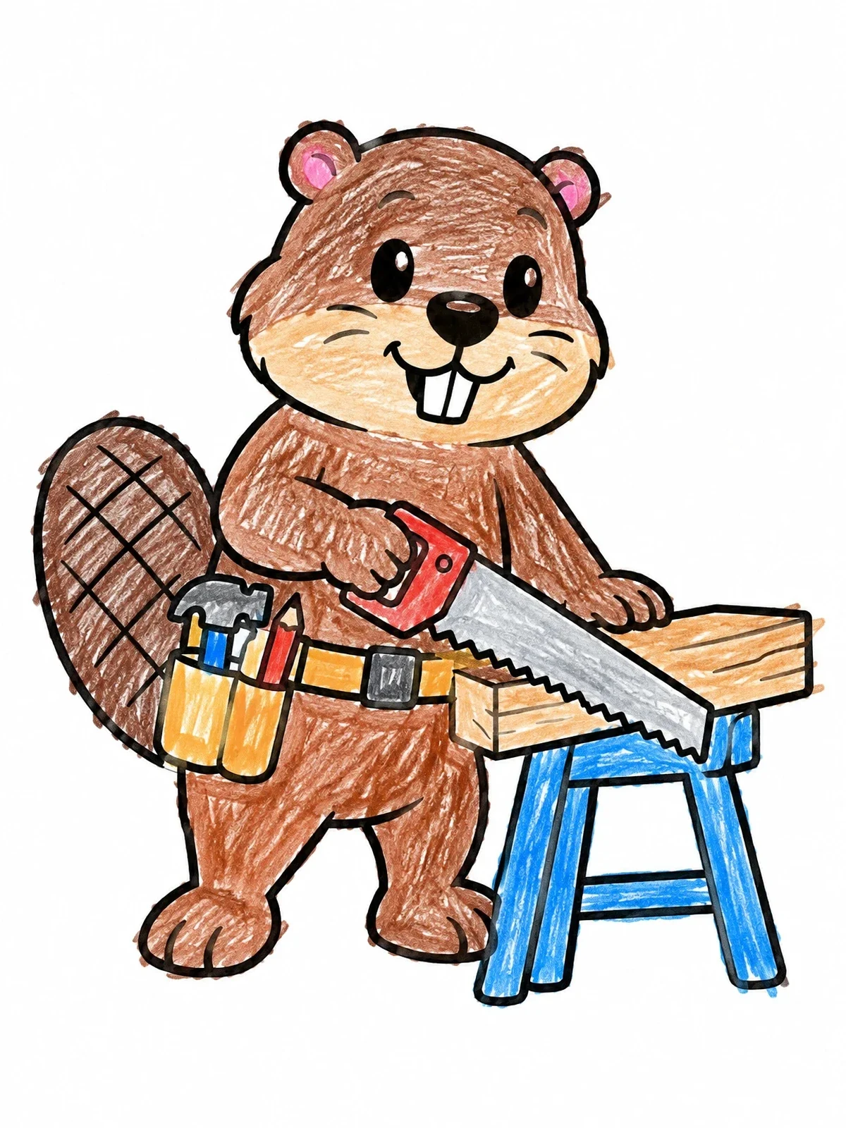 Colored example of the Beaver Carpenter Sawing Wood coloring page