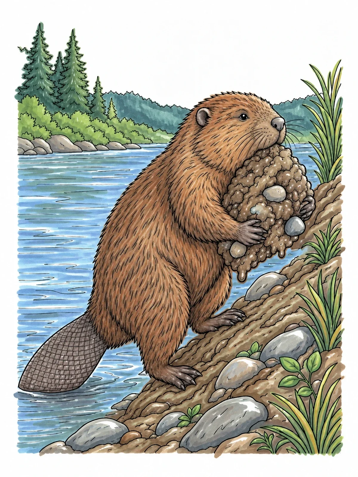 Colored example of the Beaver Carrying Mud Along Riverbank coloring page