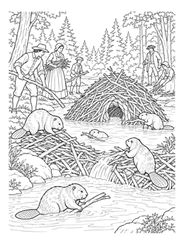 Colonial settlers observe a beaver colony coloring page with lodges and dams in a forest river.