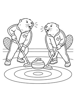 Two friendly beavers sweep the ice around a stone in this curling coloring page.