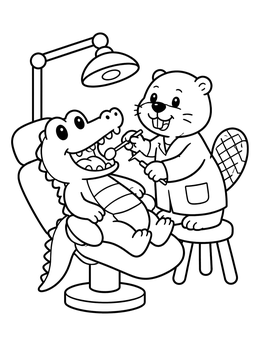 A beaver dentist coloring page showing an alligator patient having its teeth checked.