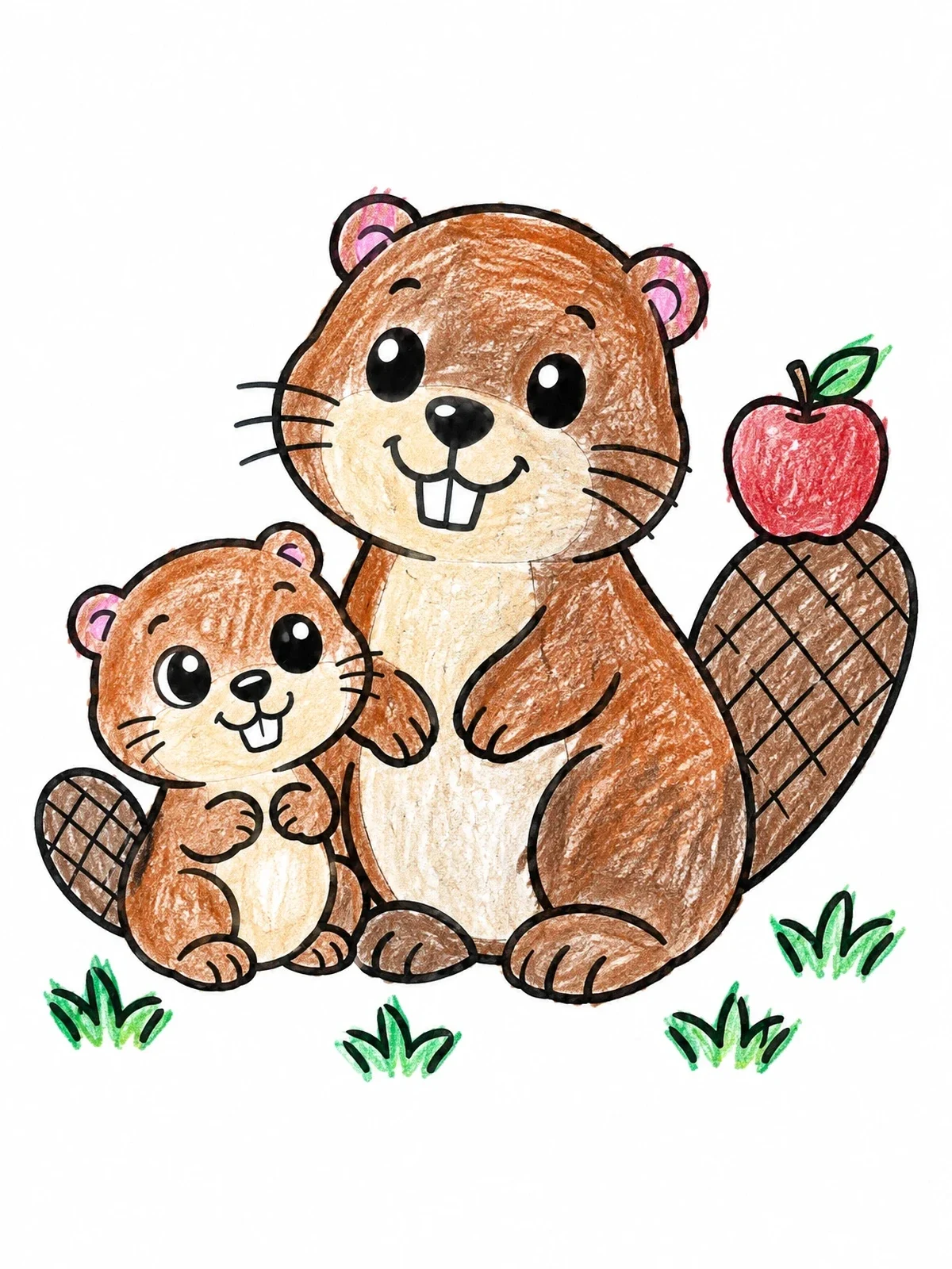 Colored example of the Beaver Parent And Kit With Apple coloring page