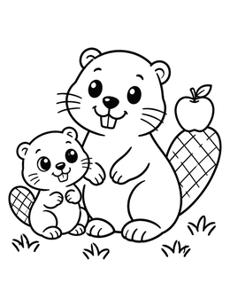 Free printable Beaver Parent And Kit With Apple coloring page