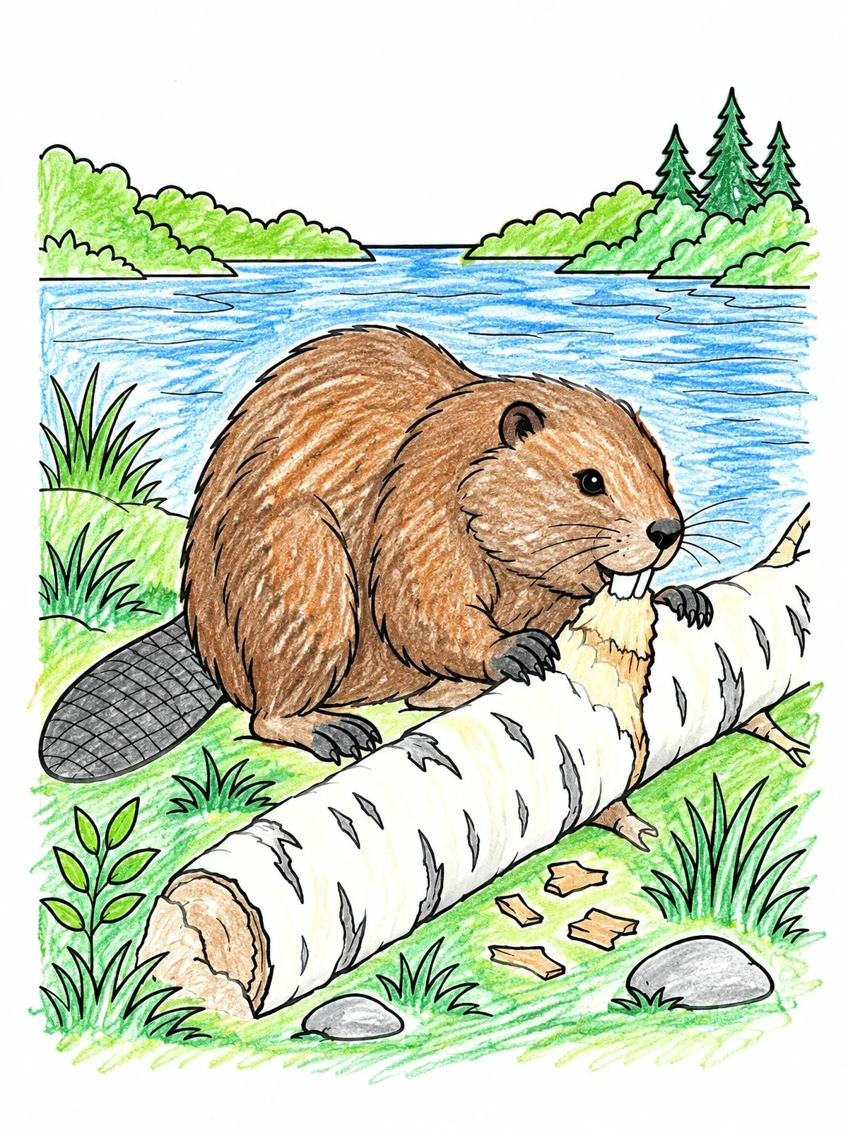 Colored example of the Beaver Gnawing On A Fallen Log coloring page