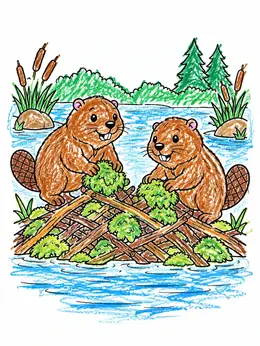 Beaver Pair Building A Dam Coloring Page