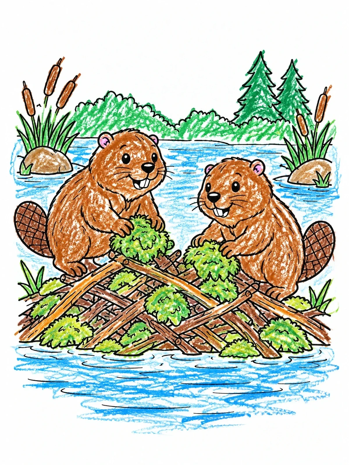 Colored example of the Beaver Pair Building A Dam coloring page