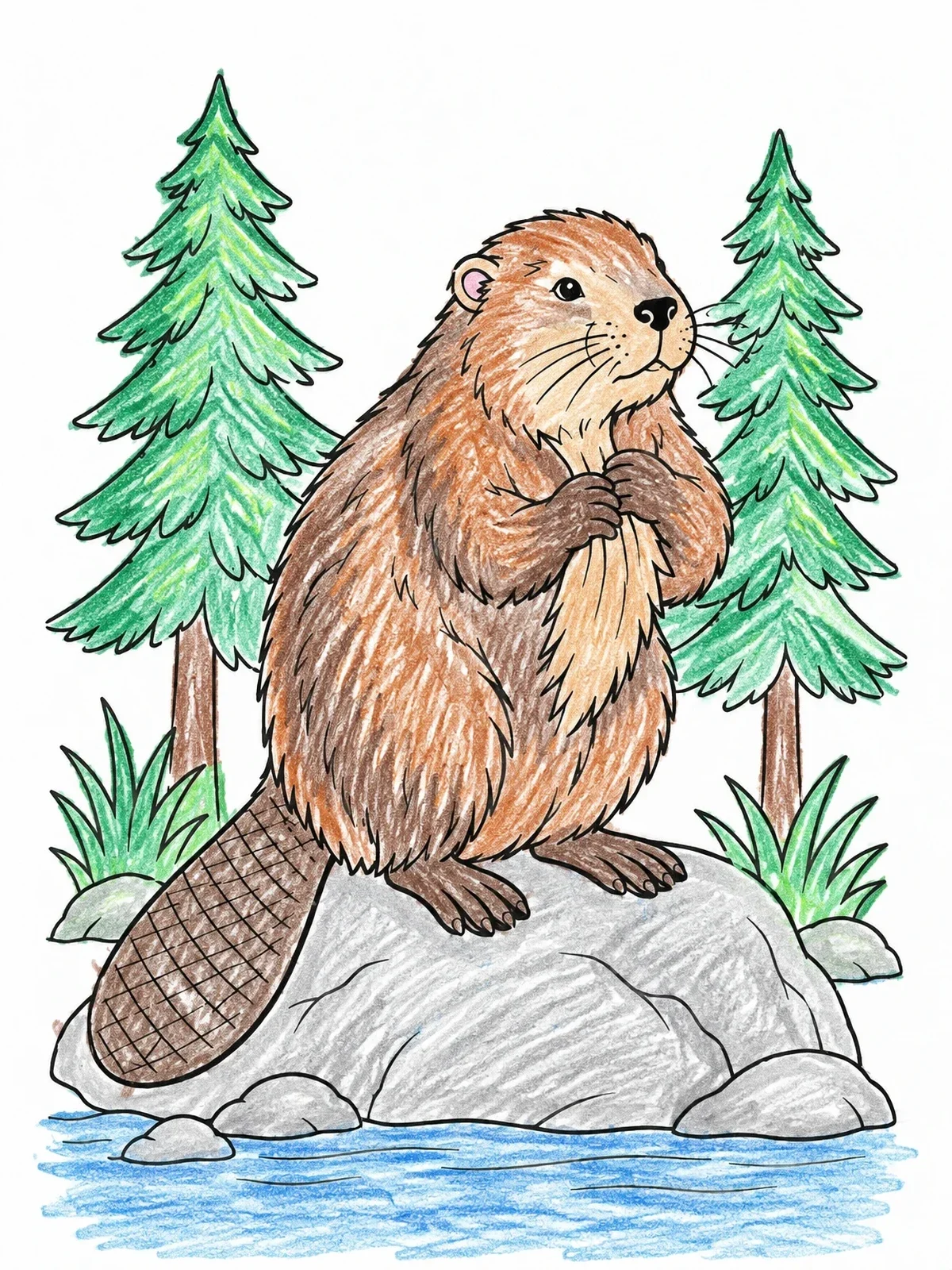 Colored example of the Beaver Sitting On A River Rock coloring page
