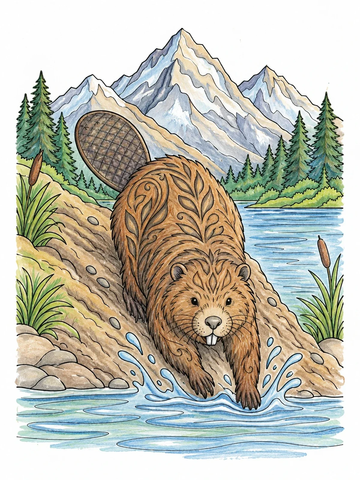 Colored example of the Beaver Sliding Down Riverbank coloring page