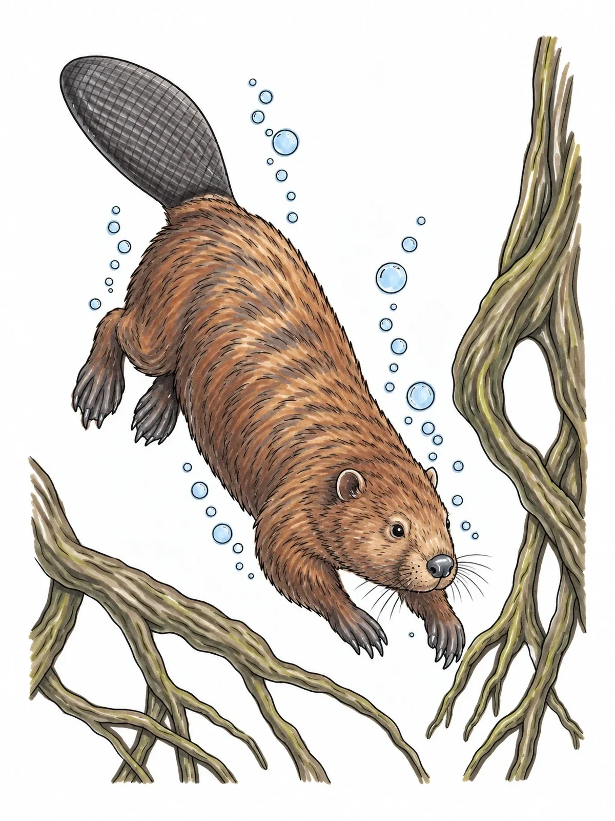 Colored example of the Beaver Swimming Underwater Past Roots coloring page
