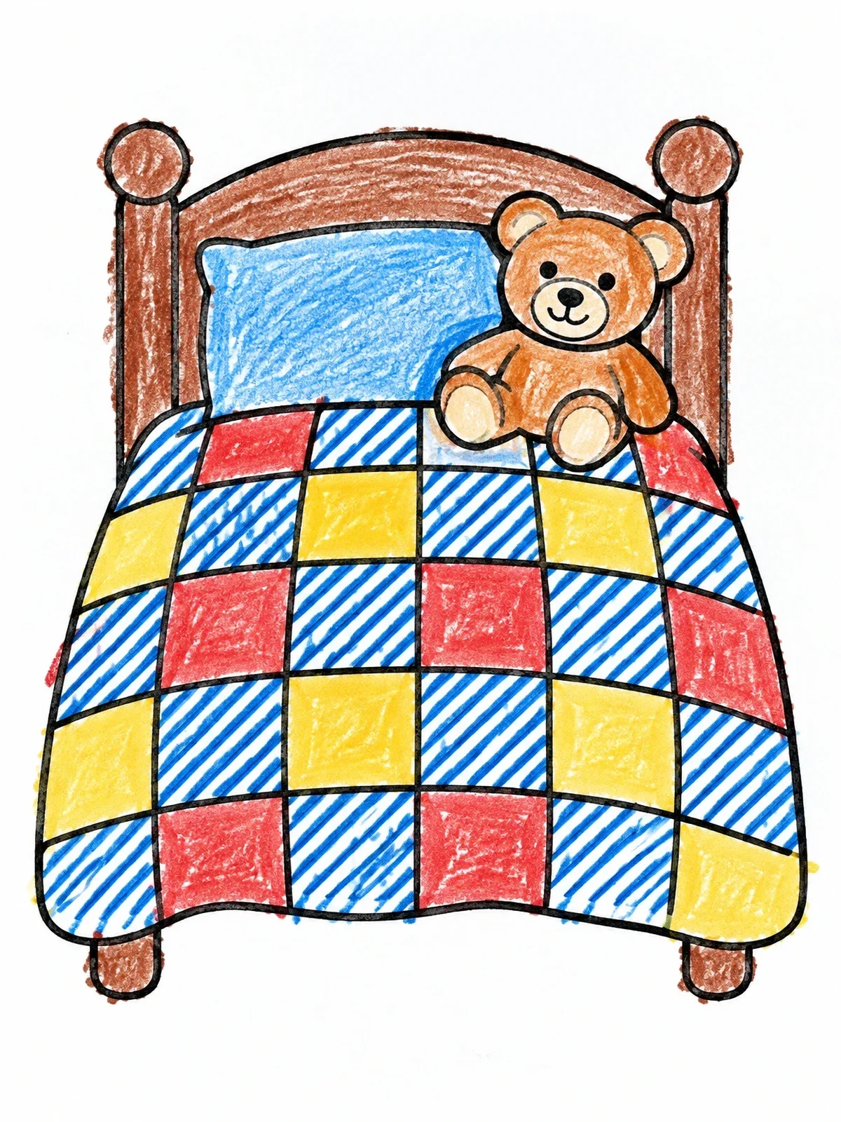 Colored example of the Cozy Bed With Patchwork Quilt And Teddy Bear coloring page