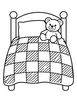 Free printable Cozy Bed With Patchwork Quilt And Teddy Bear coloring page
