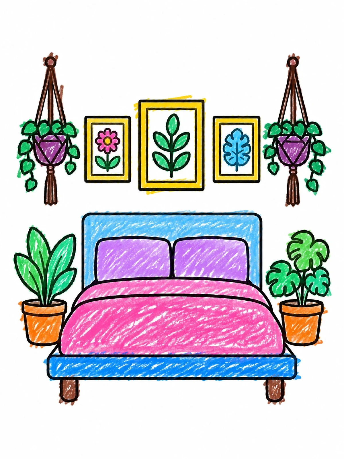 Colored example of the Cozy Bed With Potted Plants coloring page